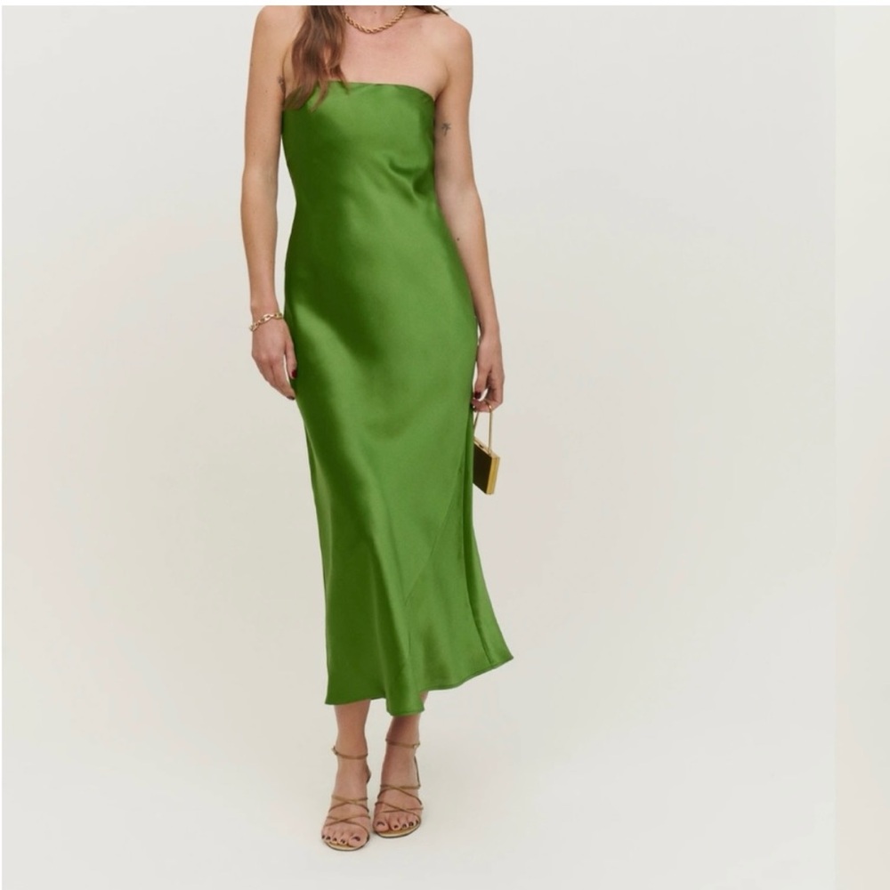 Reformation Joanne 100% Silk Dress in Palm Green